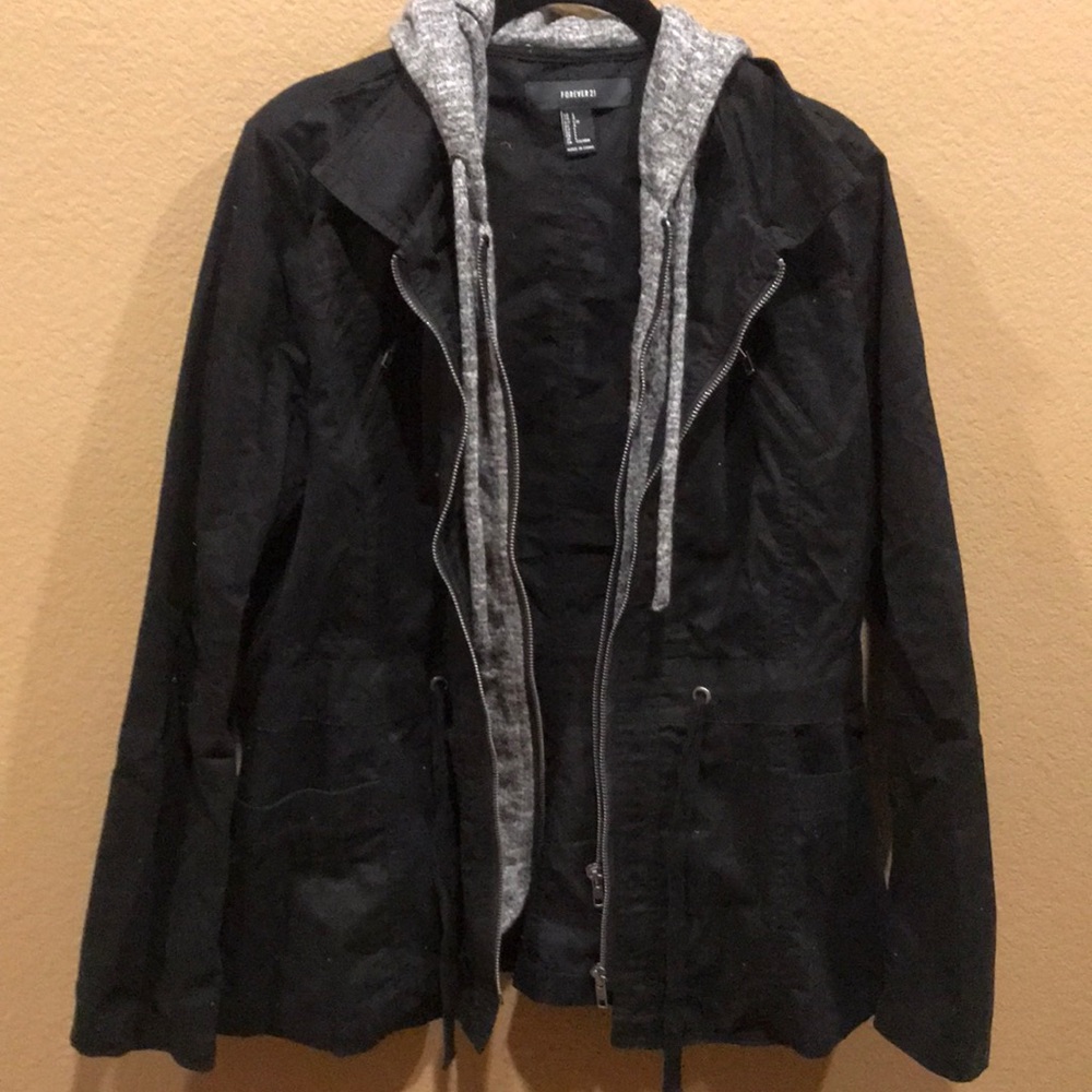 Black coat with salt and pepper hood